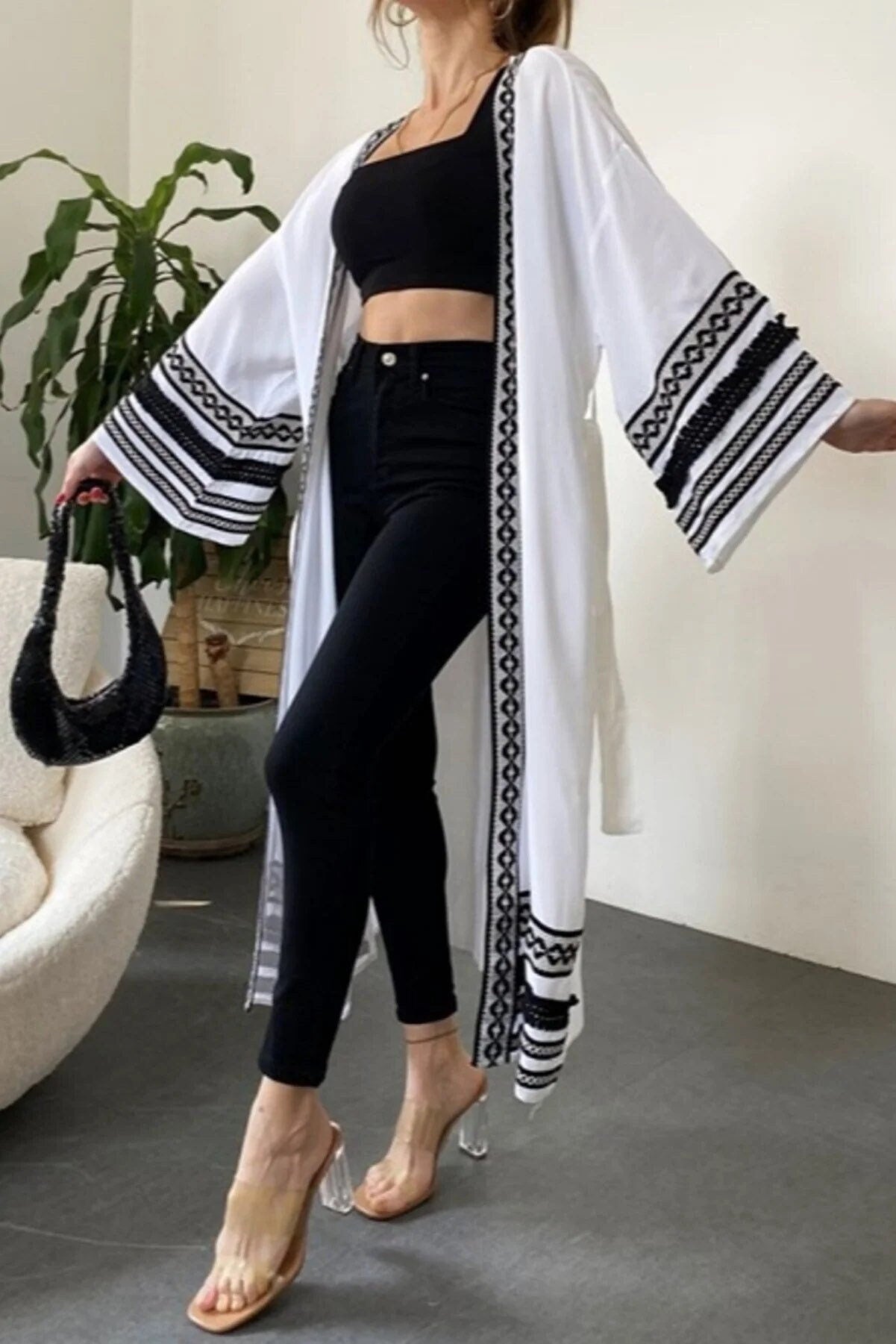 Long White Ethnic Embroidered Kimono