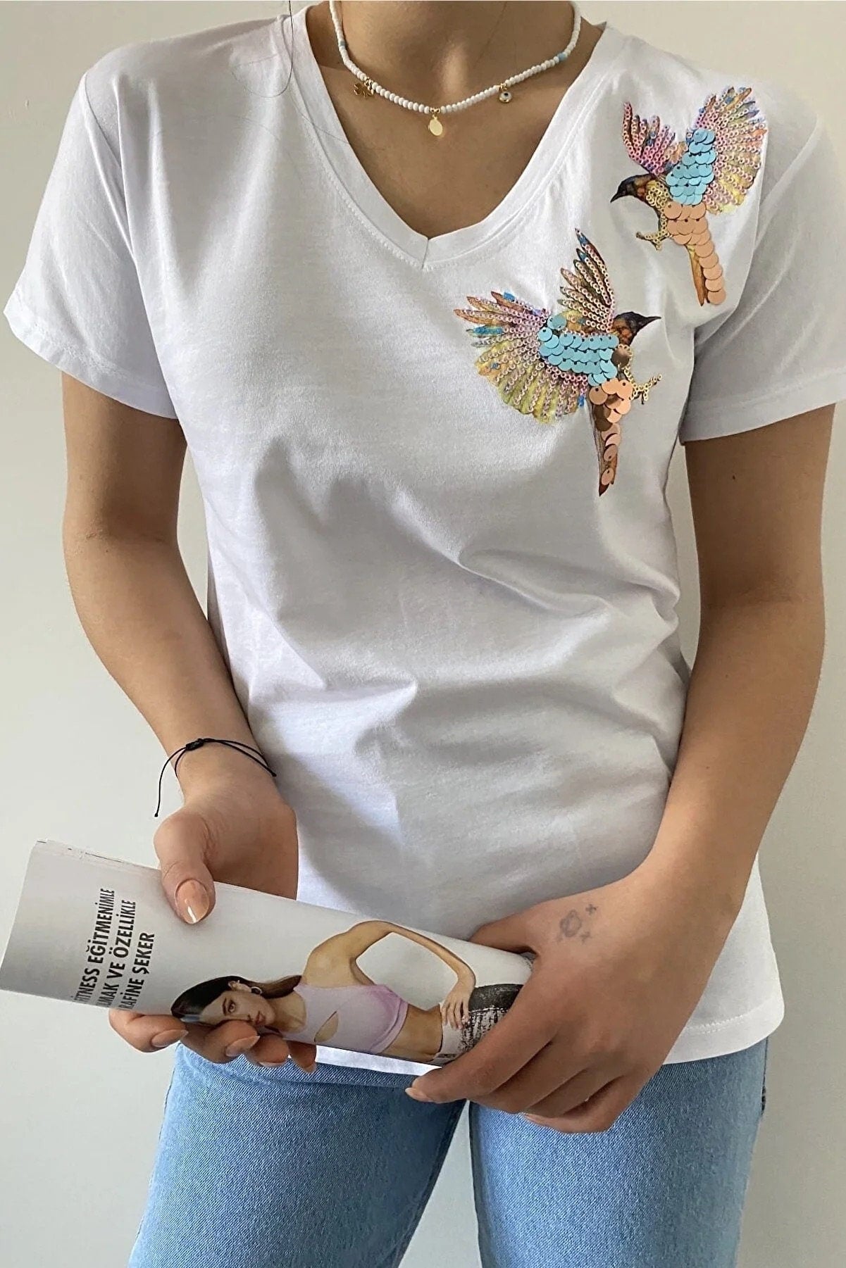 Katoenen T-shirt met korte mouwen en geborduurde vogel - Wit