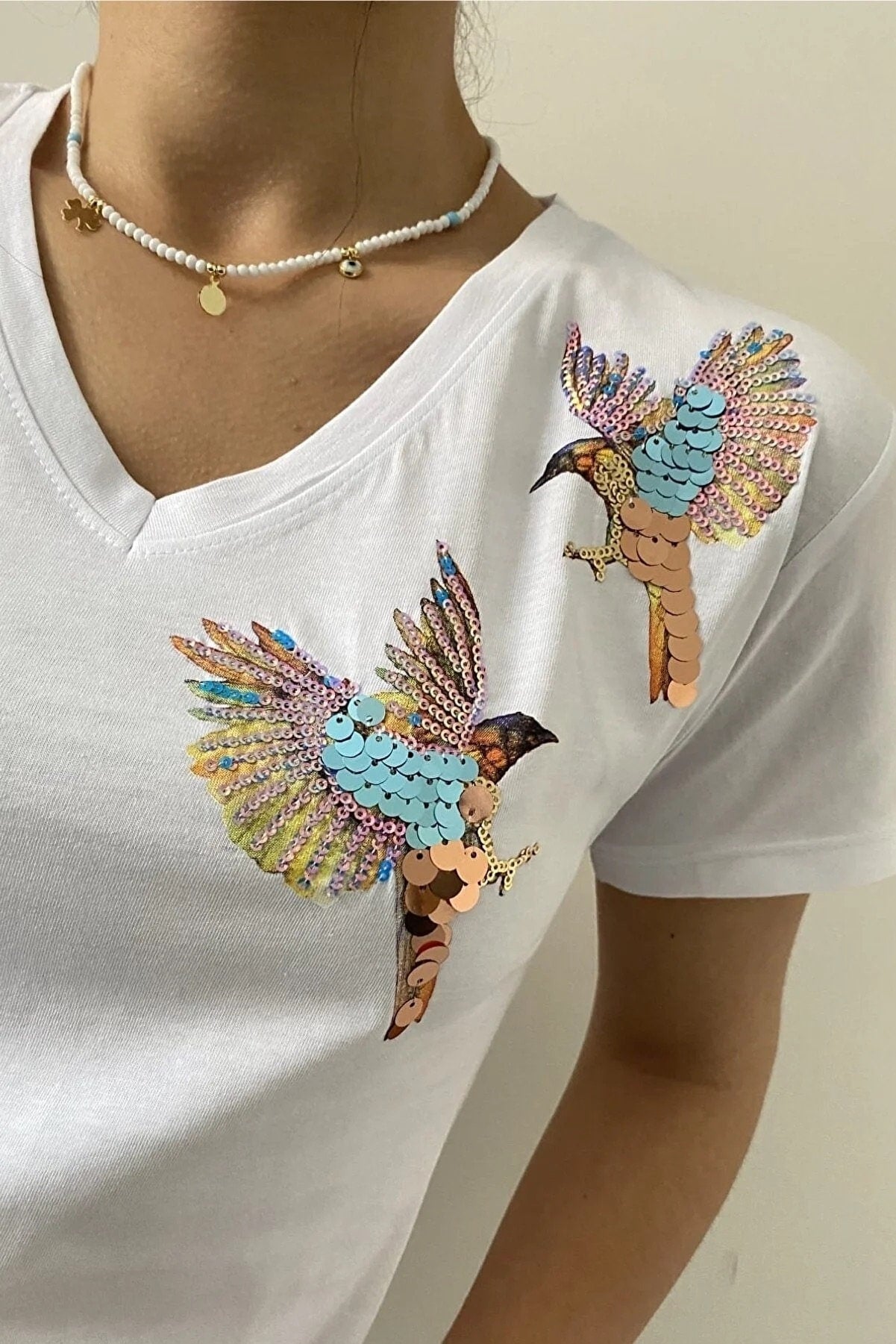 Katoenen T-shirt met korte mouwen en geborduurde vogel - Wit