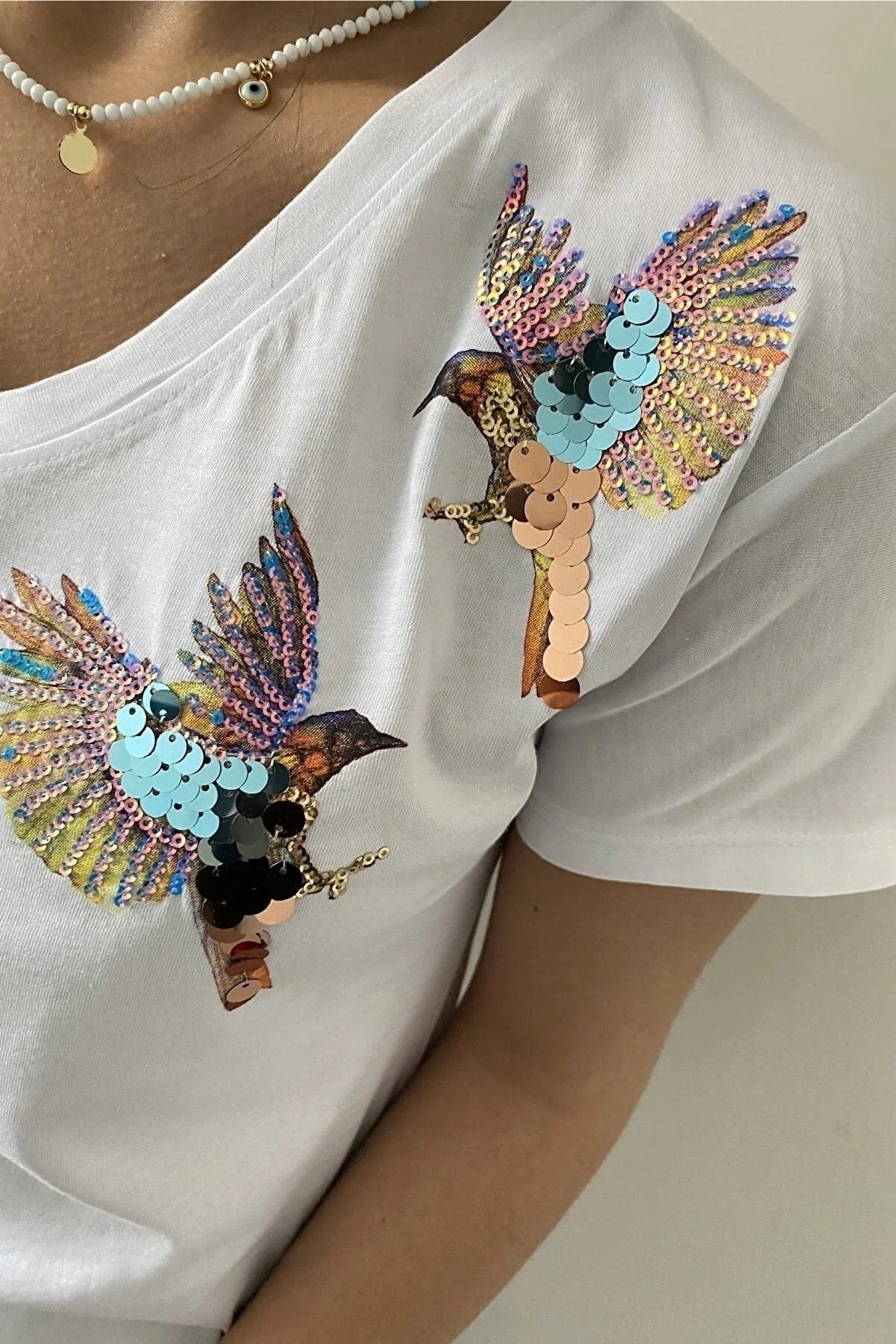 Katoenen T-shirt met korte mouwen en geborduurde vogel - Wit