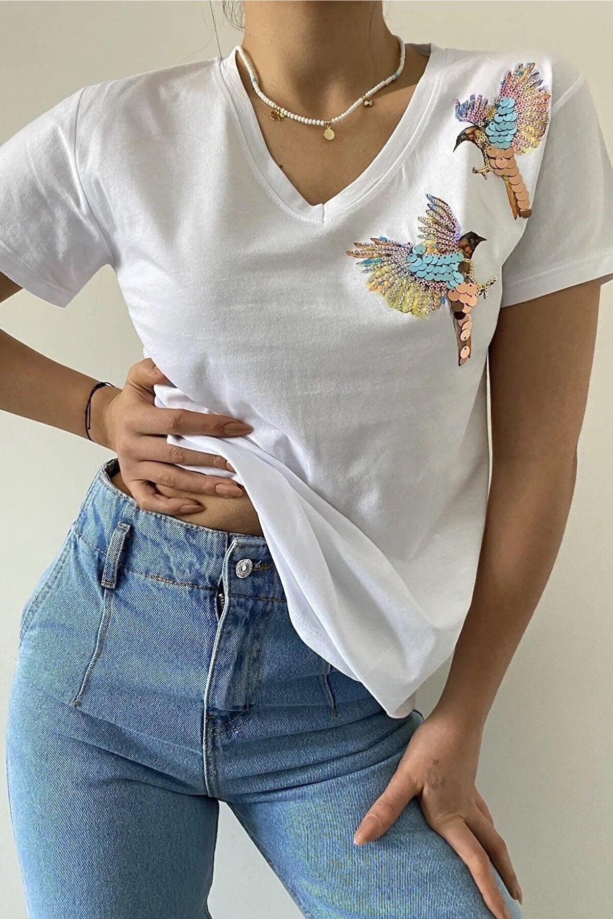Katoenen T-shirt met korte mouwen en geborduurde vogel - Wit