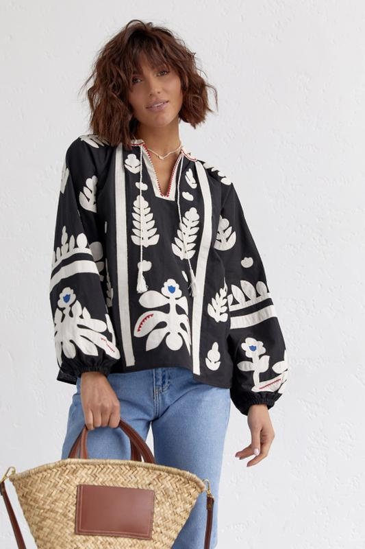 Black Ethnic Embroidered Cotton Vyshyvanka