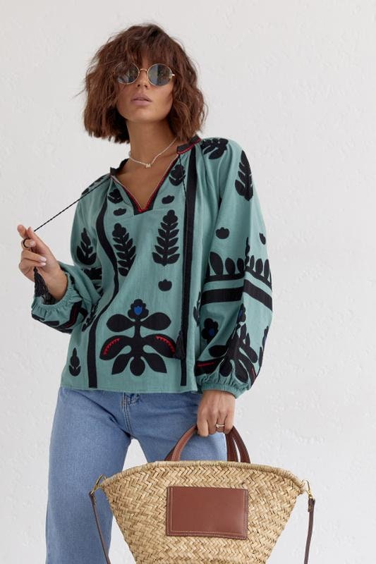 Mint Green Ethnic Embroidered Cotton Vyshyvanka