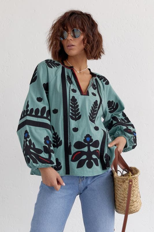 Πράσινο μέντας με έθνικ κέντημα από βαμβάκι Vyshyvanka