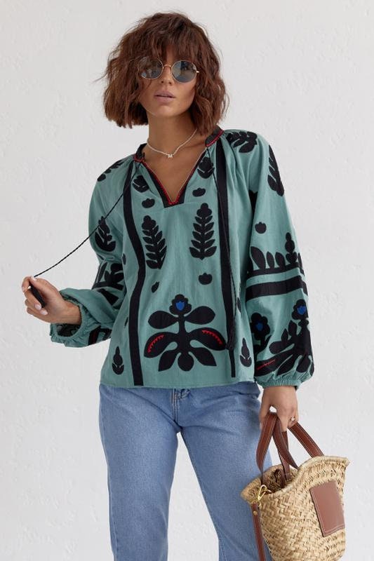 Mint Green Ethnic Embroidered Cotton Vyshyvanka