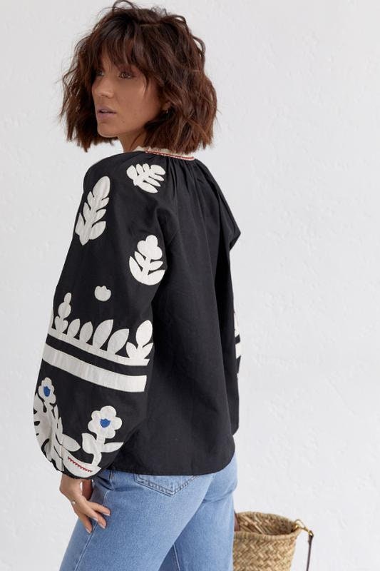 Black Ethnic Embroidered Cotton Vyshyvanka