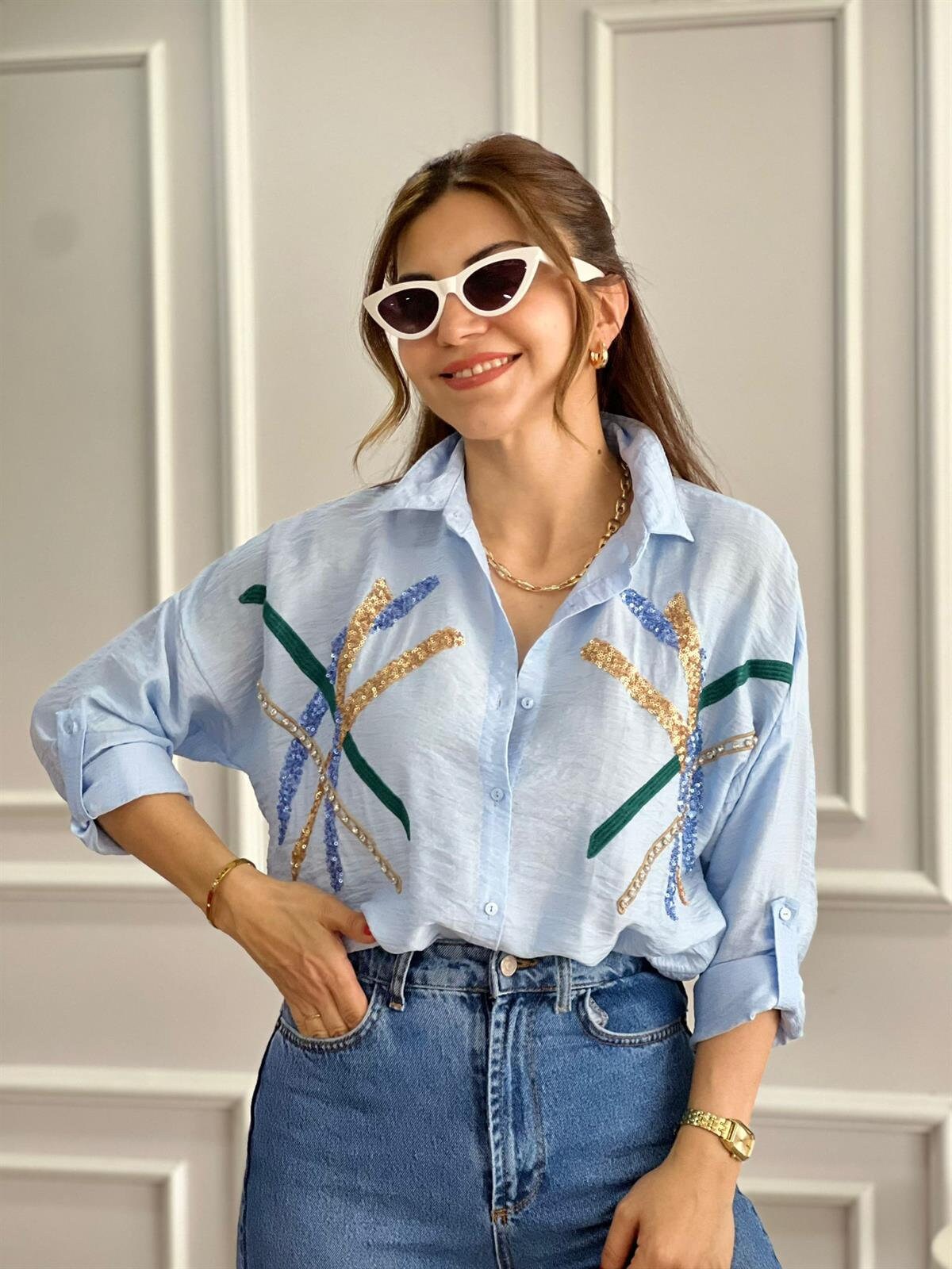 Cotton Beige Designer Sequin Blouse