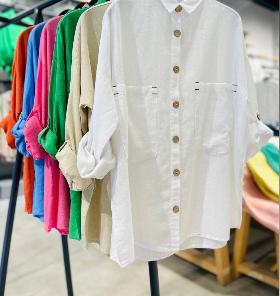 Blusa de mezcla de lino y algodón de manga larga