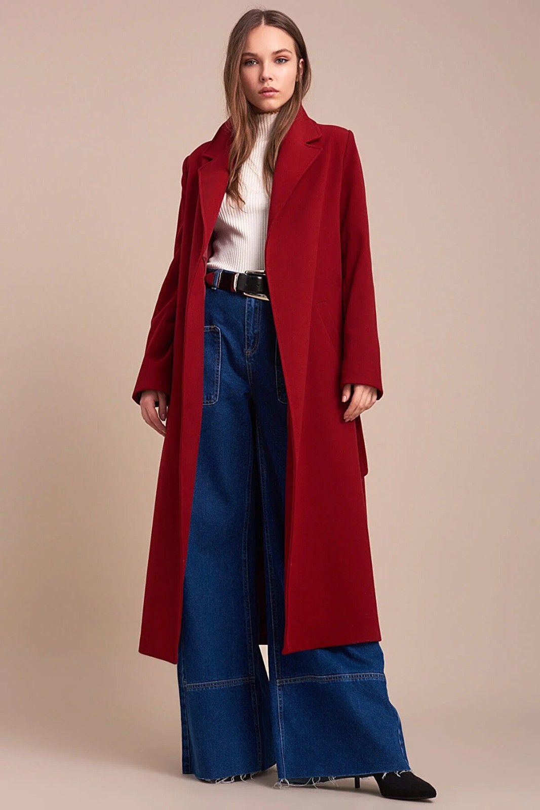 Camel Wool Long Coat with Belt and Pocket
