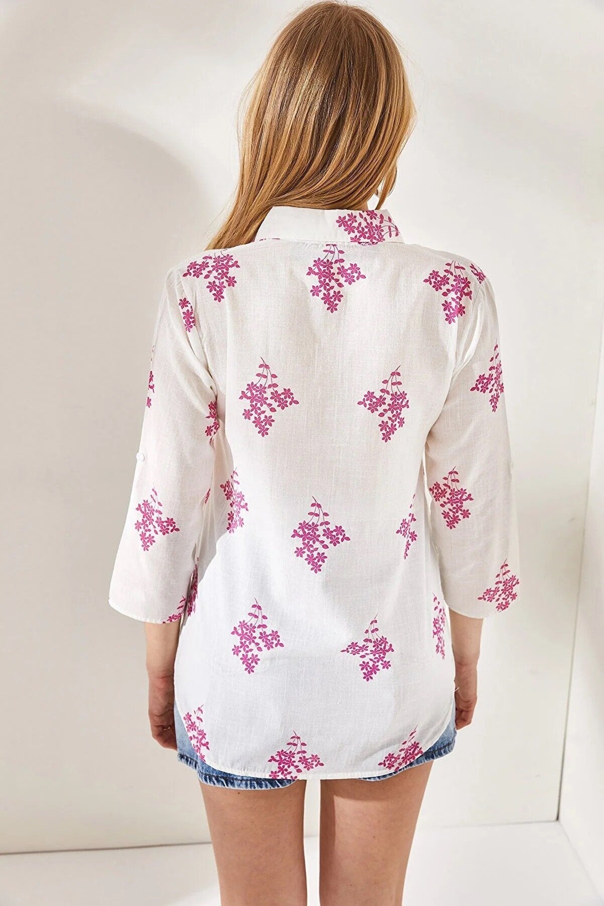 Verona Pink Leaf Print Linen White Blouse