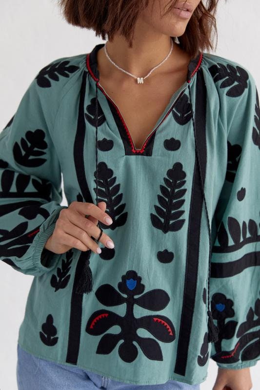 Mint Green Ethnic Embroidered Cotton Vyshyvanka