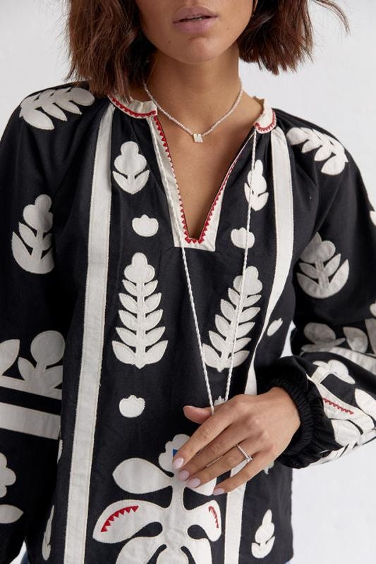 Black Ethnic Embroidered Cotton Vyshyvanka