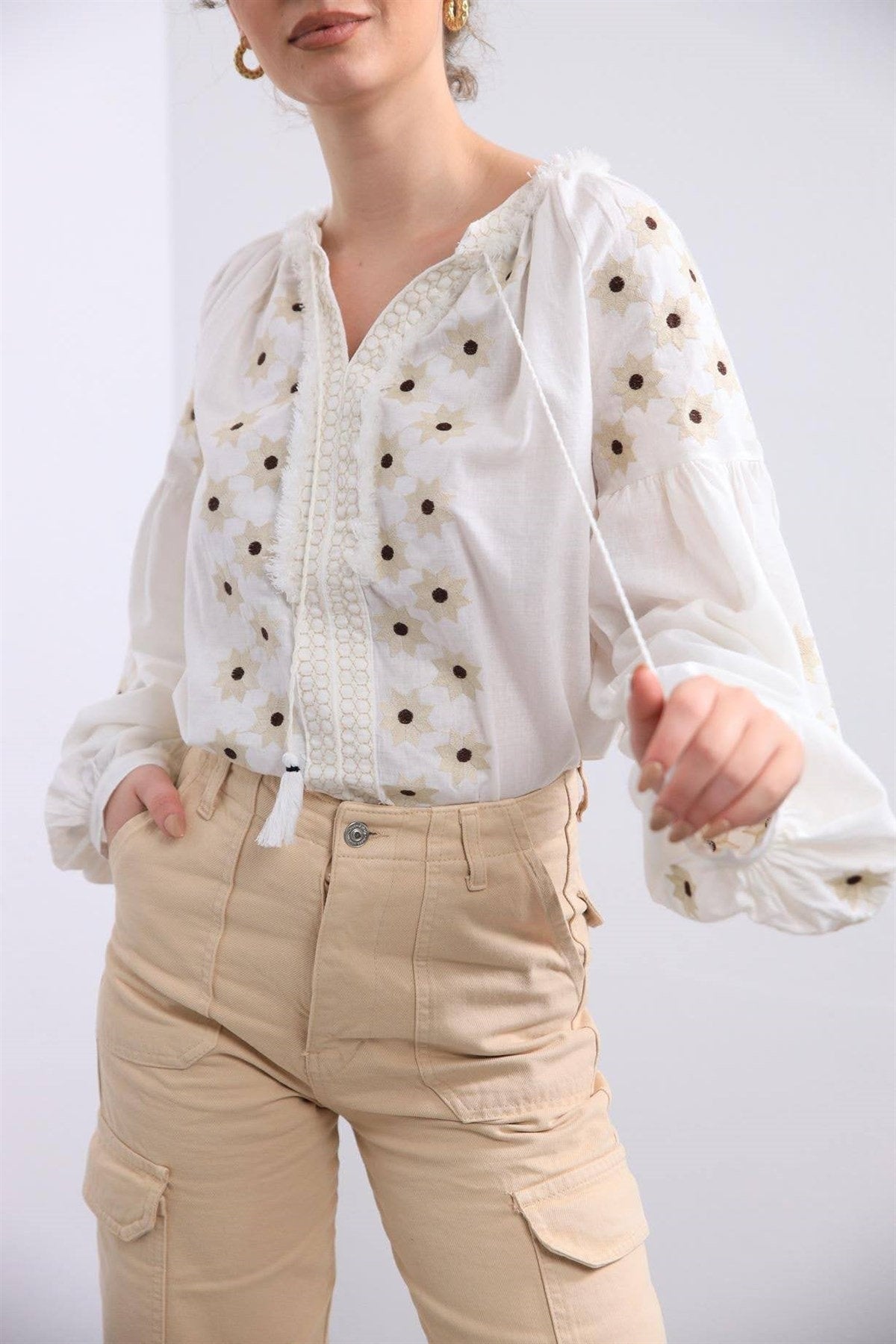 Ecru Floral Star Embroidered Ukrainian Blouse