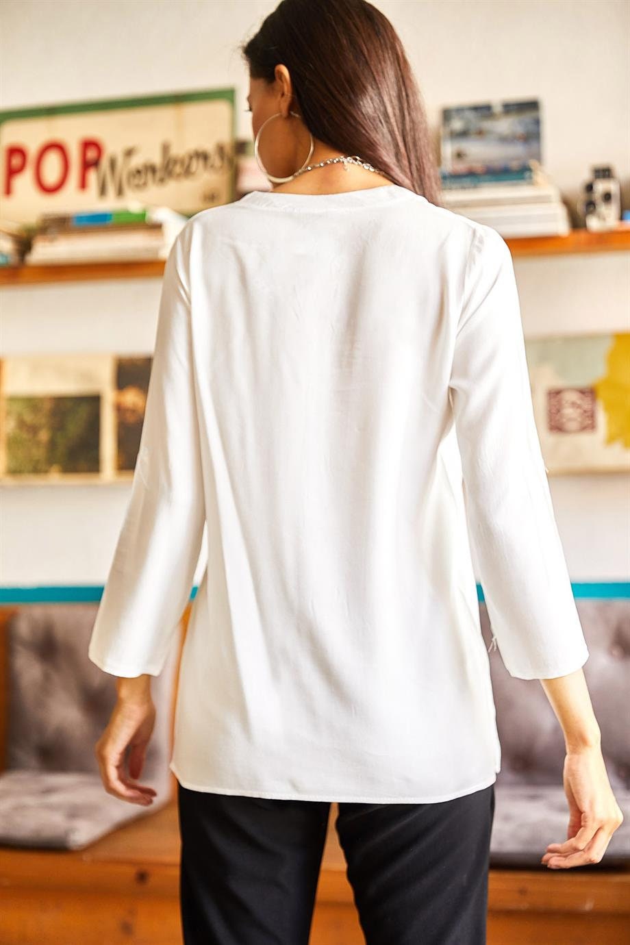 Margaret White Grandad Collar Blouse