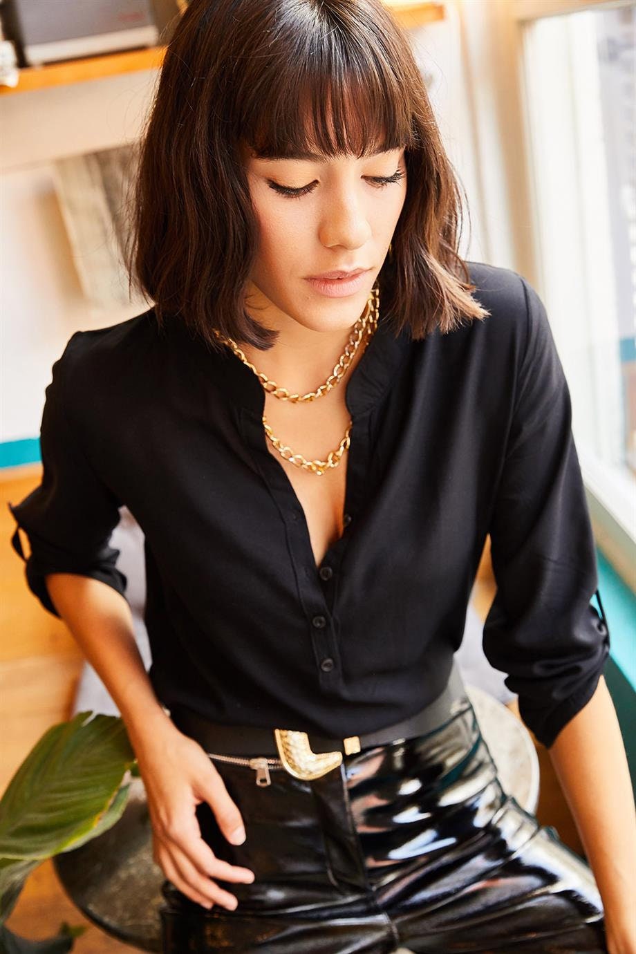 Margaret Black Grandad Collar Blouse