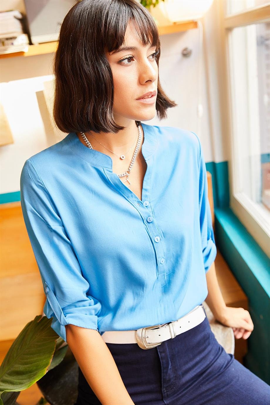 Margaret White Grandad Collar Blouse