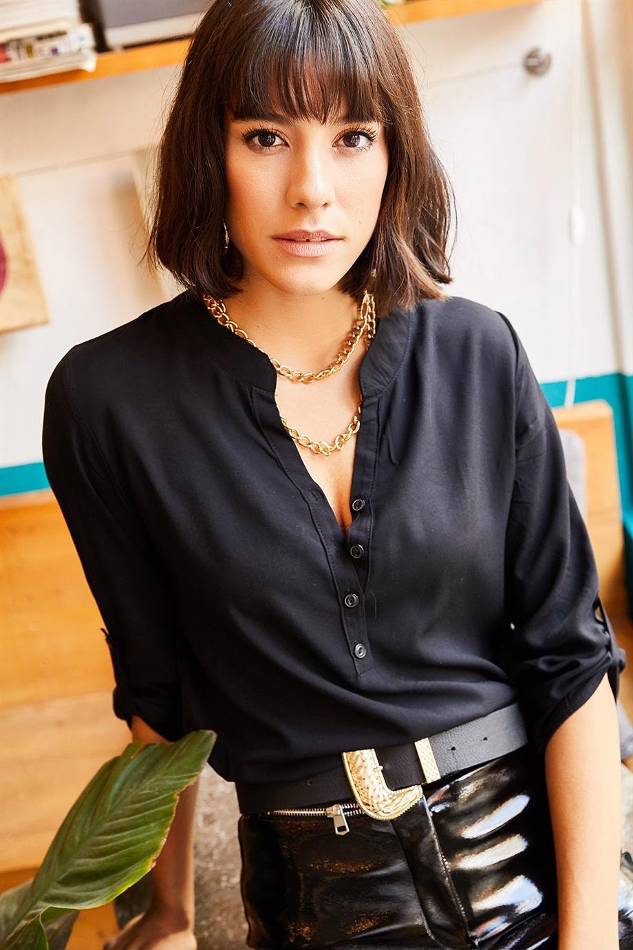 Margaret Black Grandad Collar Blouse