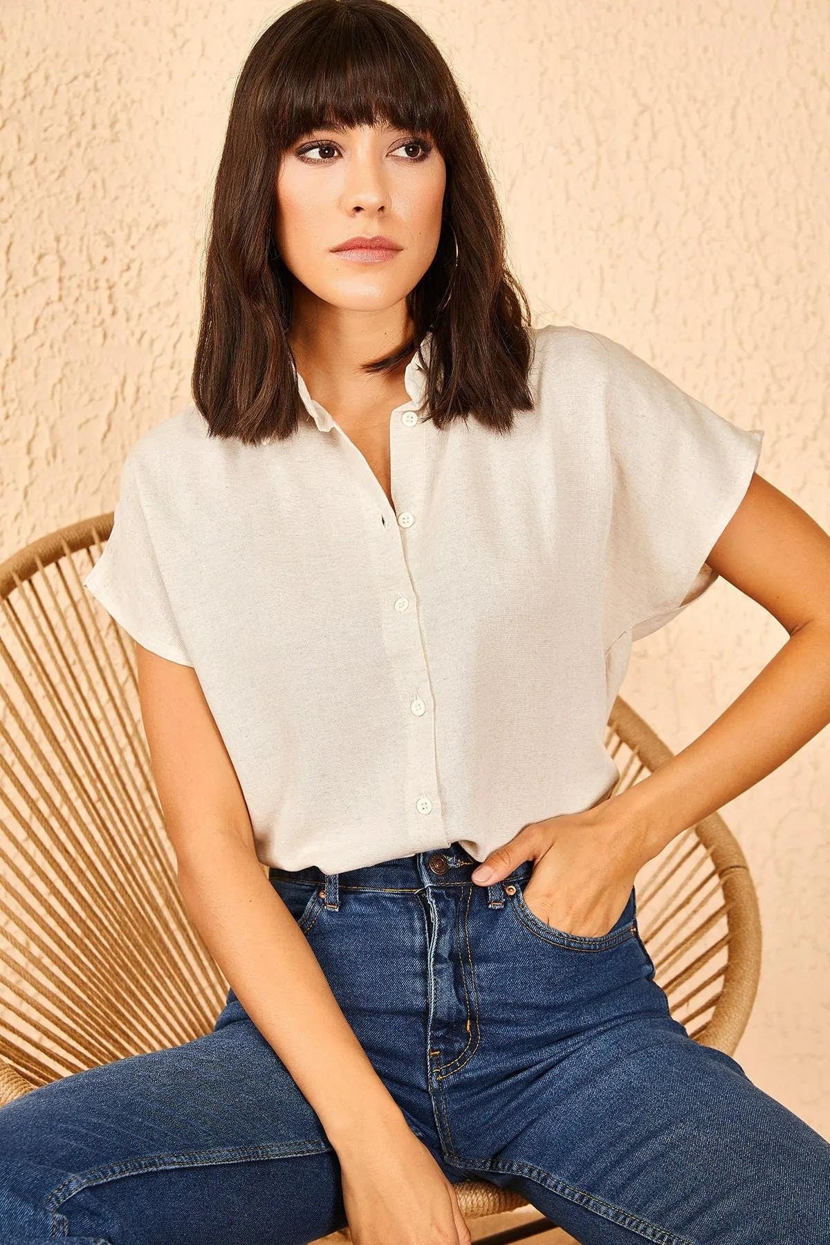 Camila Beige Linen Short Sleeve Button-Down Shirt