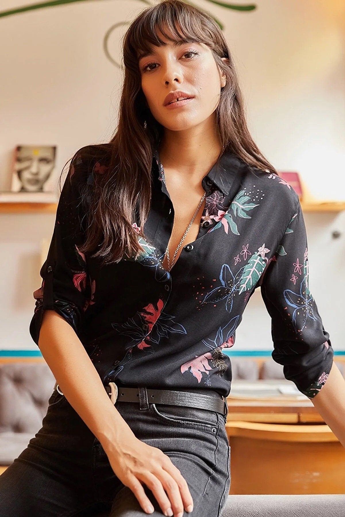 Black Floral Button Down Blouse