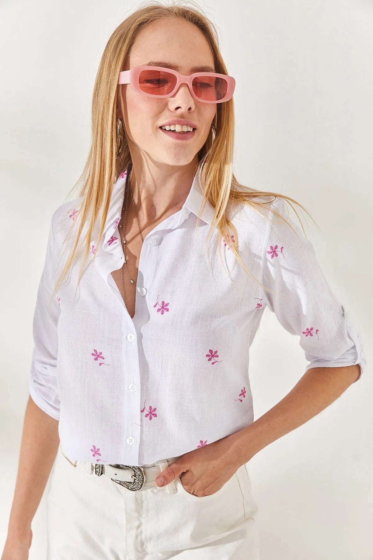 Mini Pink Floral White Linen Blouse
