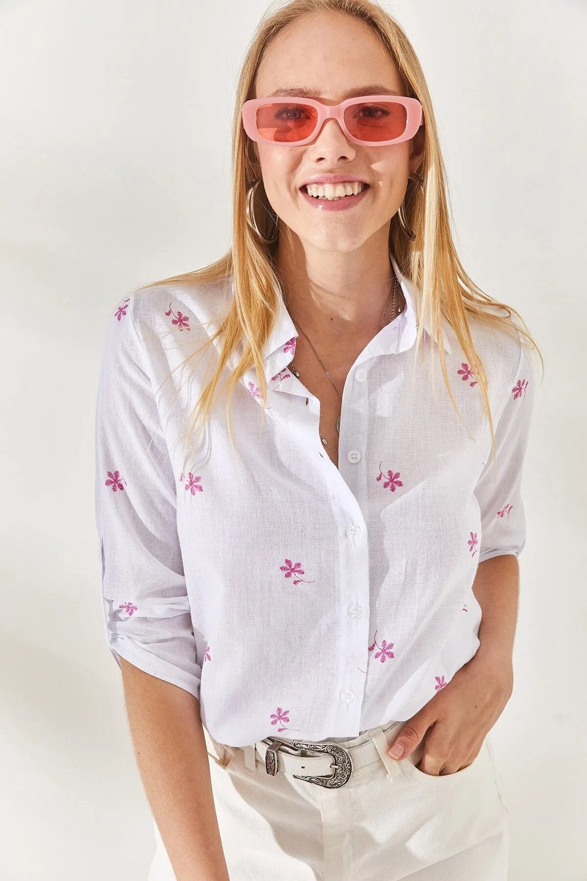 Mini Pink Floral White Linen Blouse
