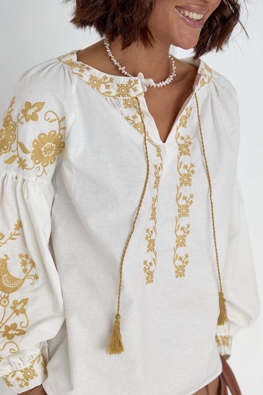 Ecru Gold Bird Floral Embroidered Cotton Blouse