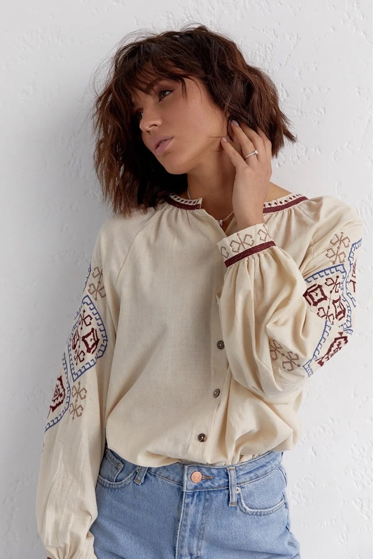 Ethnic Embroidered Cream Cotton Vyshyvanka Blouse