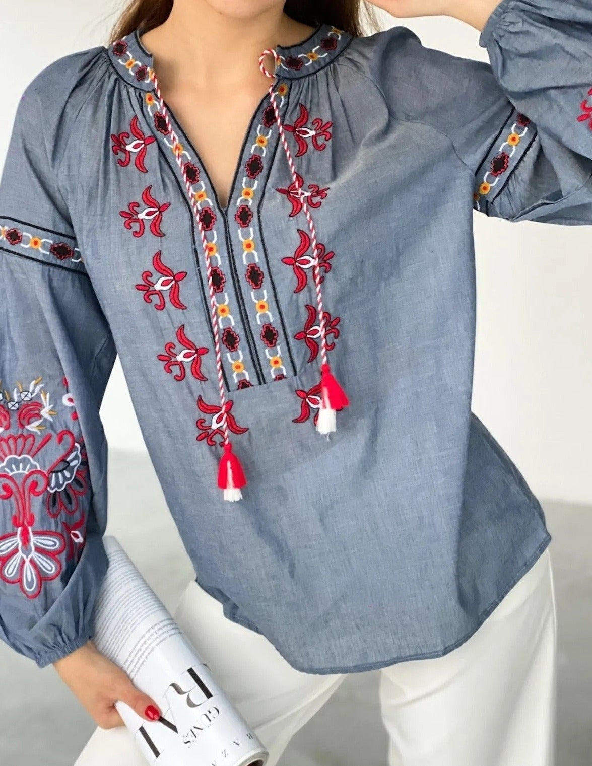 Bohemian Ethnic Ukrainian Cotton Vyshyvanka Blouse