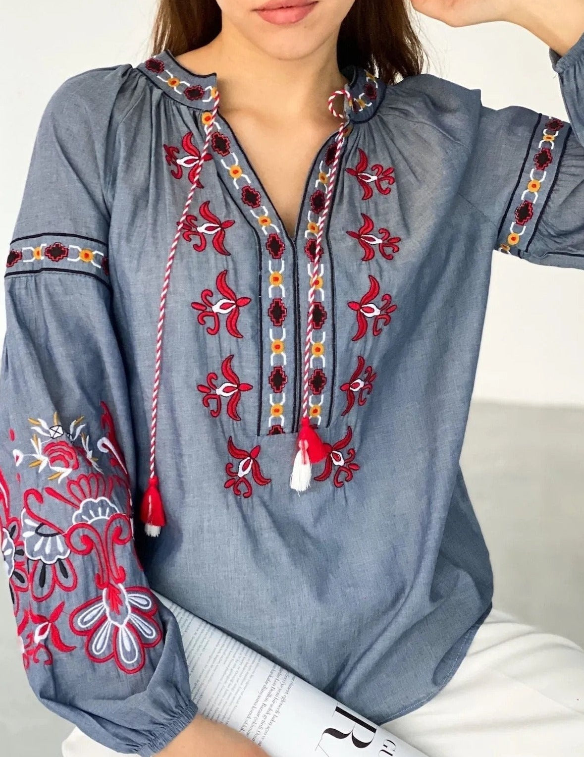 Bohemian Ethnic Ukrainian Cotton Vyshyvanka Blouse