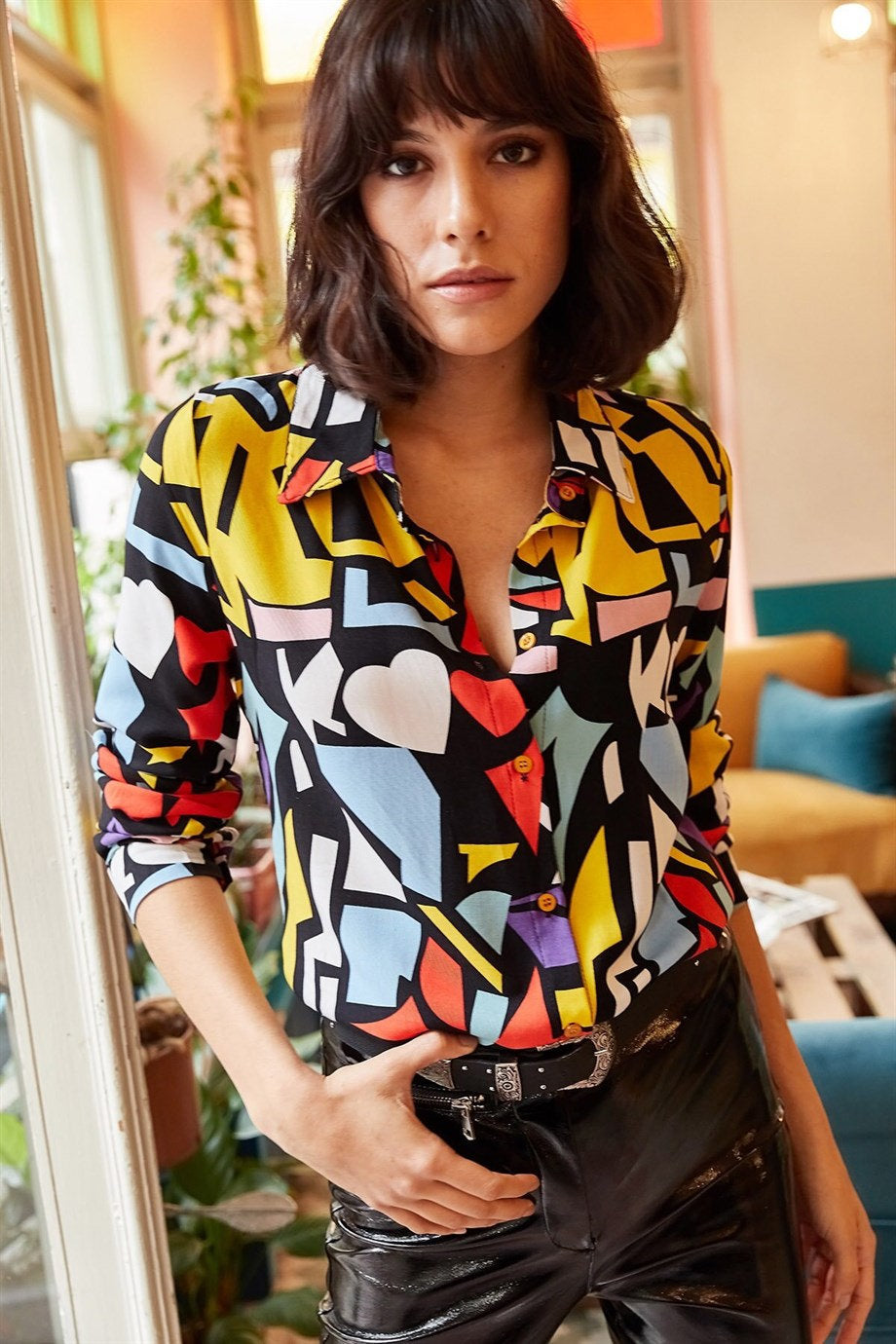 Colorful Geometric Print Blouse