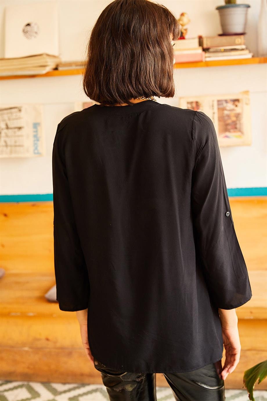 Margaret Black Grandad Collar Blouse