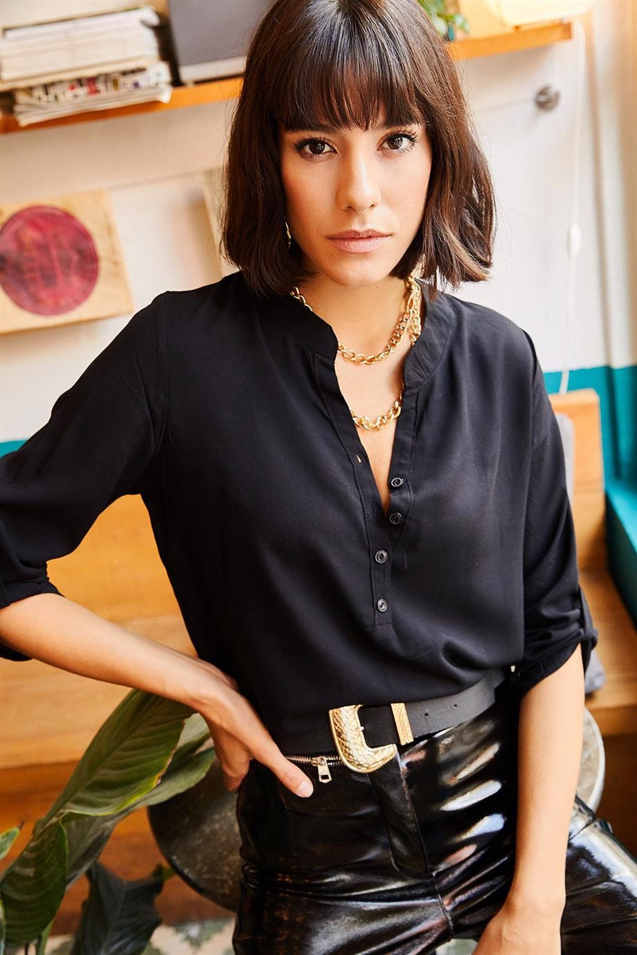 Margaret Black Grandad Collar Blouse