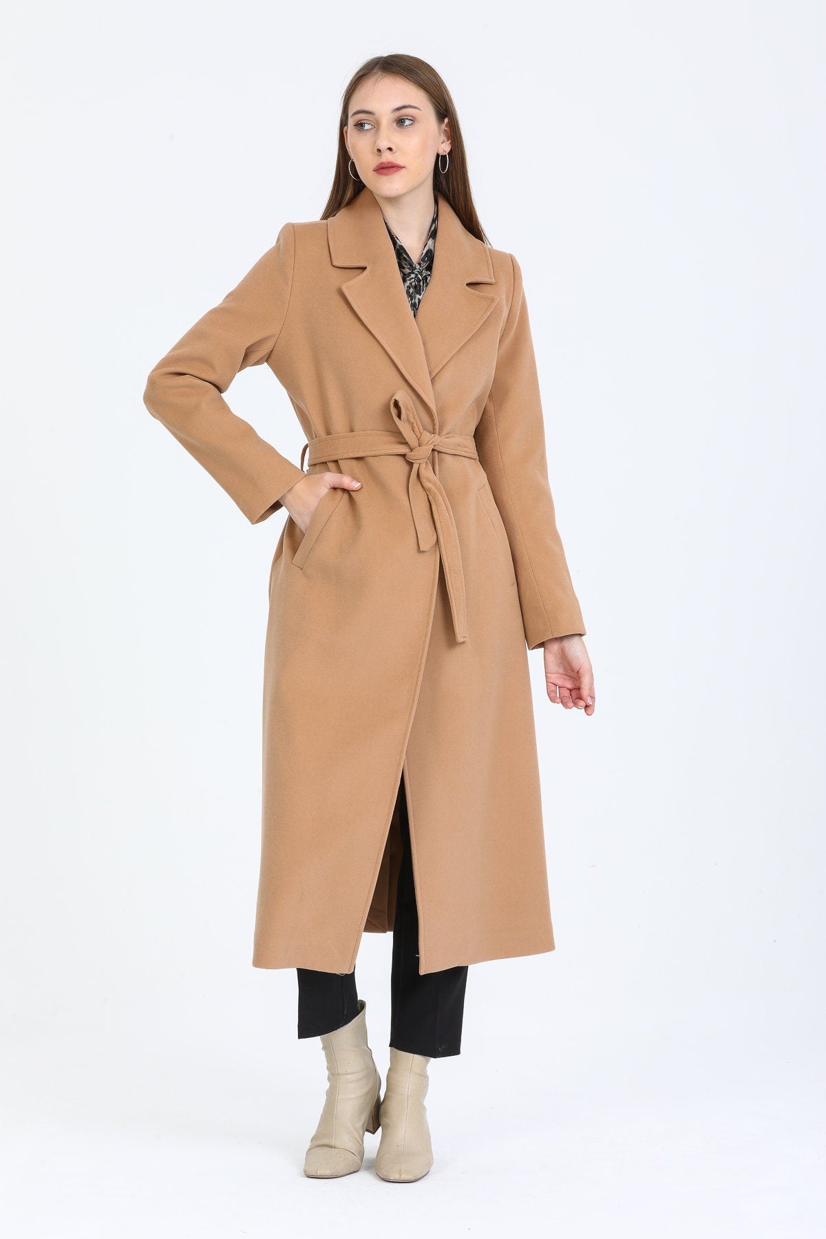 Camel Wool Long Coat with Belt and Pocket