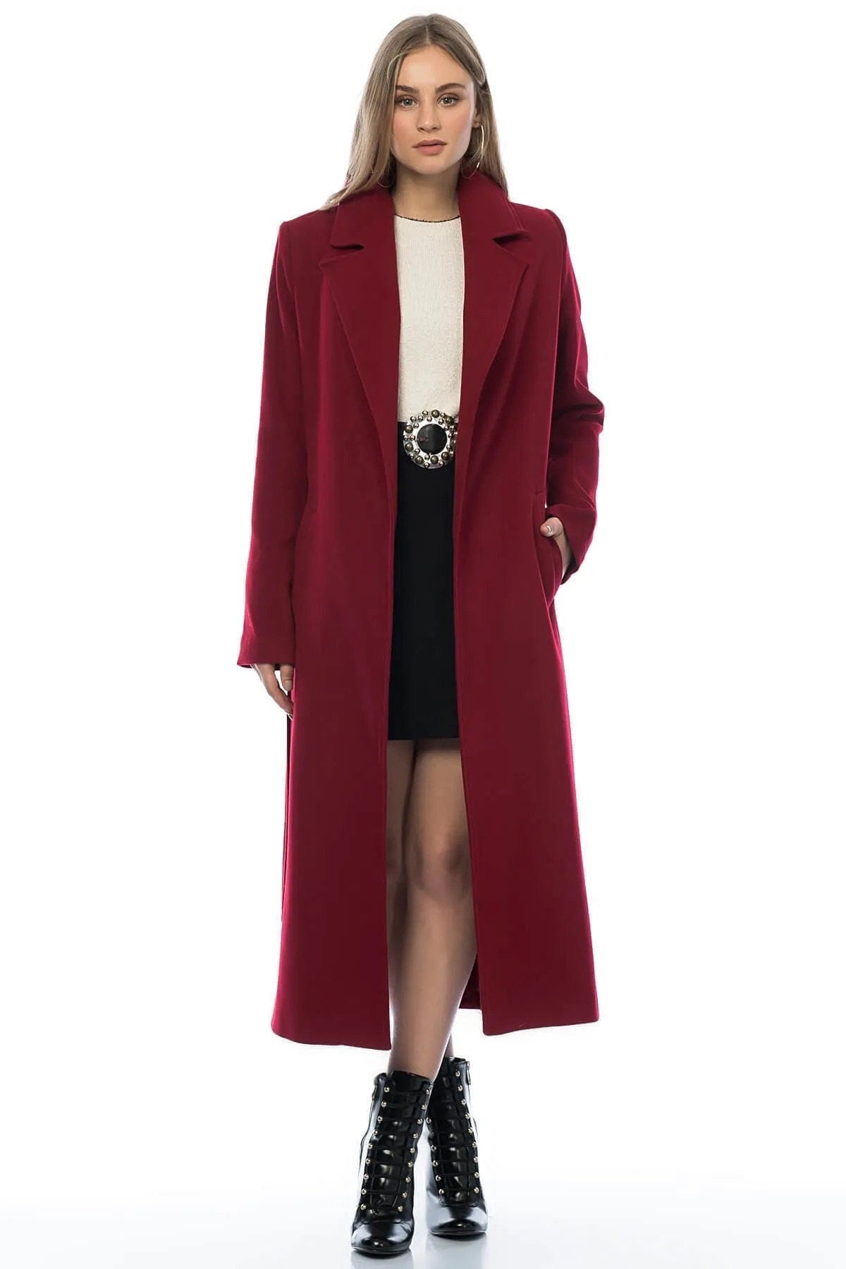 Camel Wool Long Coat with Belt and Pocket