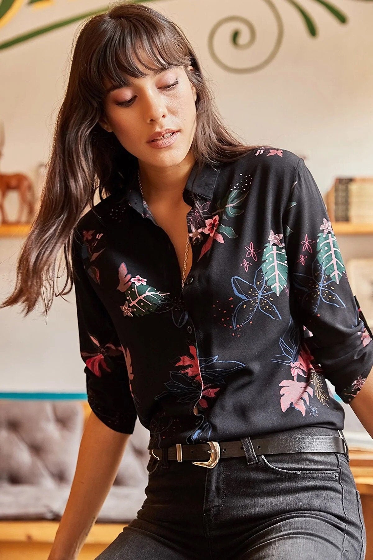 Black Floral Button Down Blouse