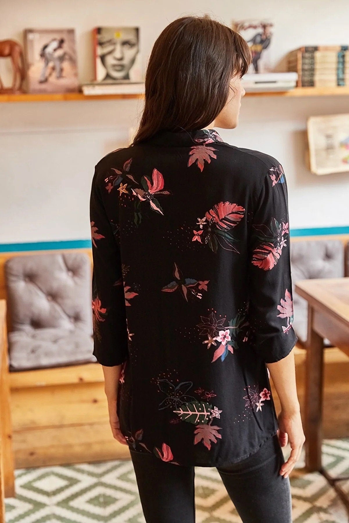 Black Floral Button Down Blouse