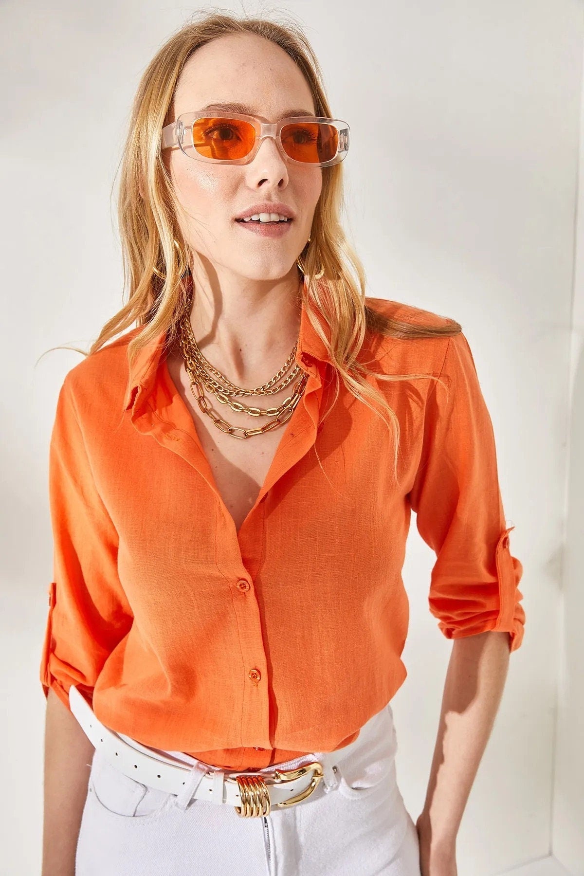Verona Orange Linen Long Sleeve Button Down Shirt