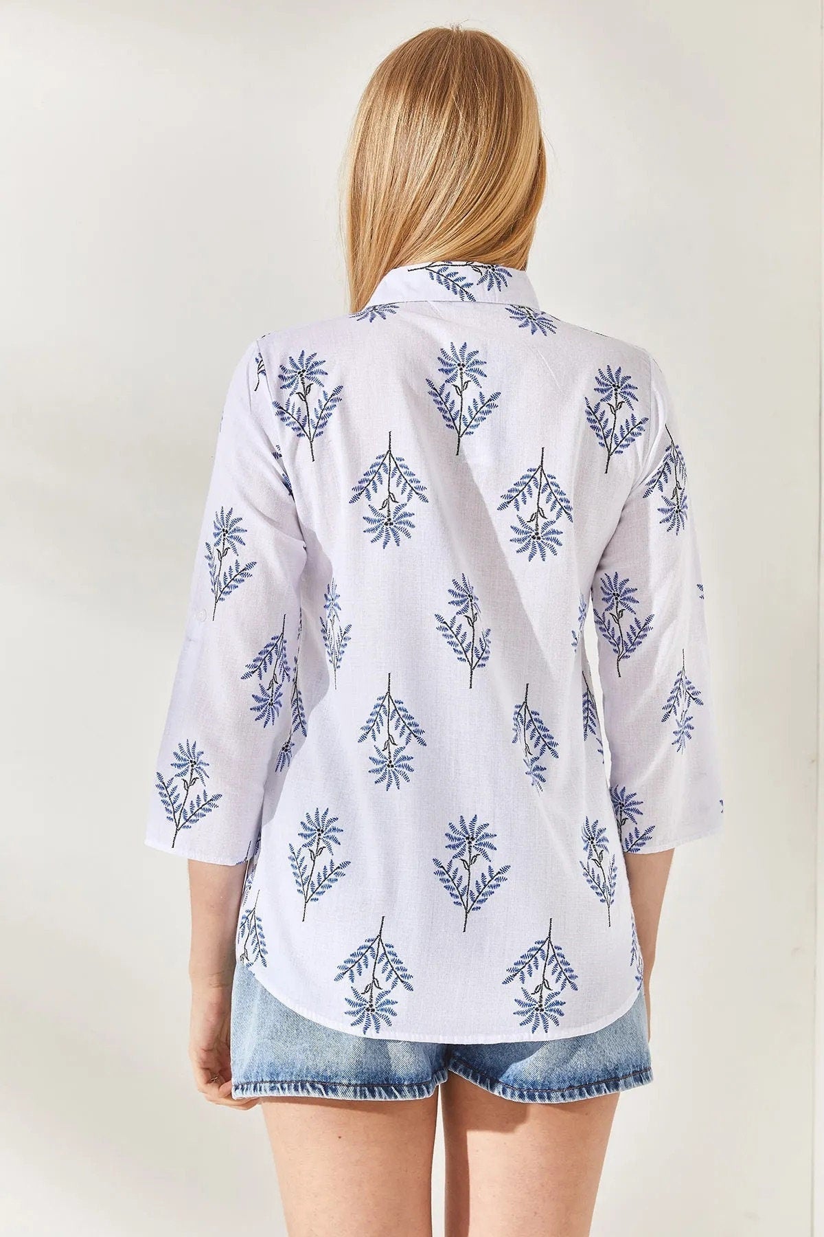Verona Blue Floral Designer White Linen Blouse