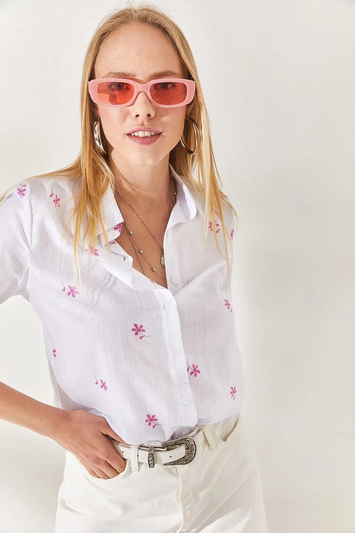 Mini Pink Floral White Linen Blouse