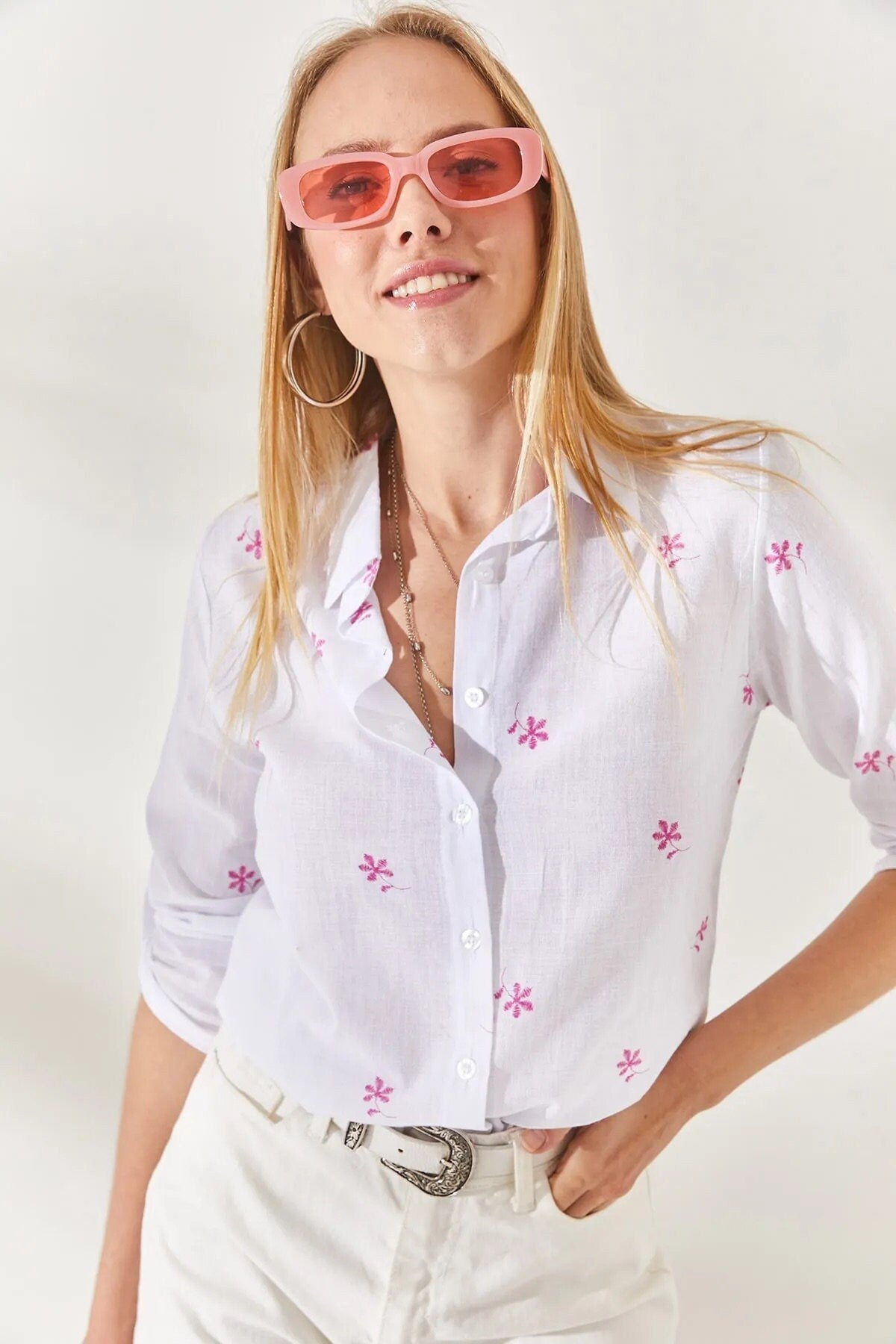 Mini Pink Floral White Linen Blouse