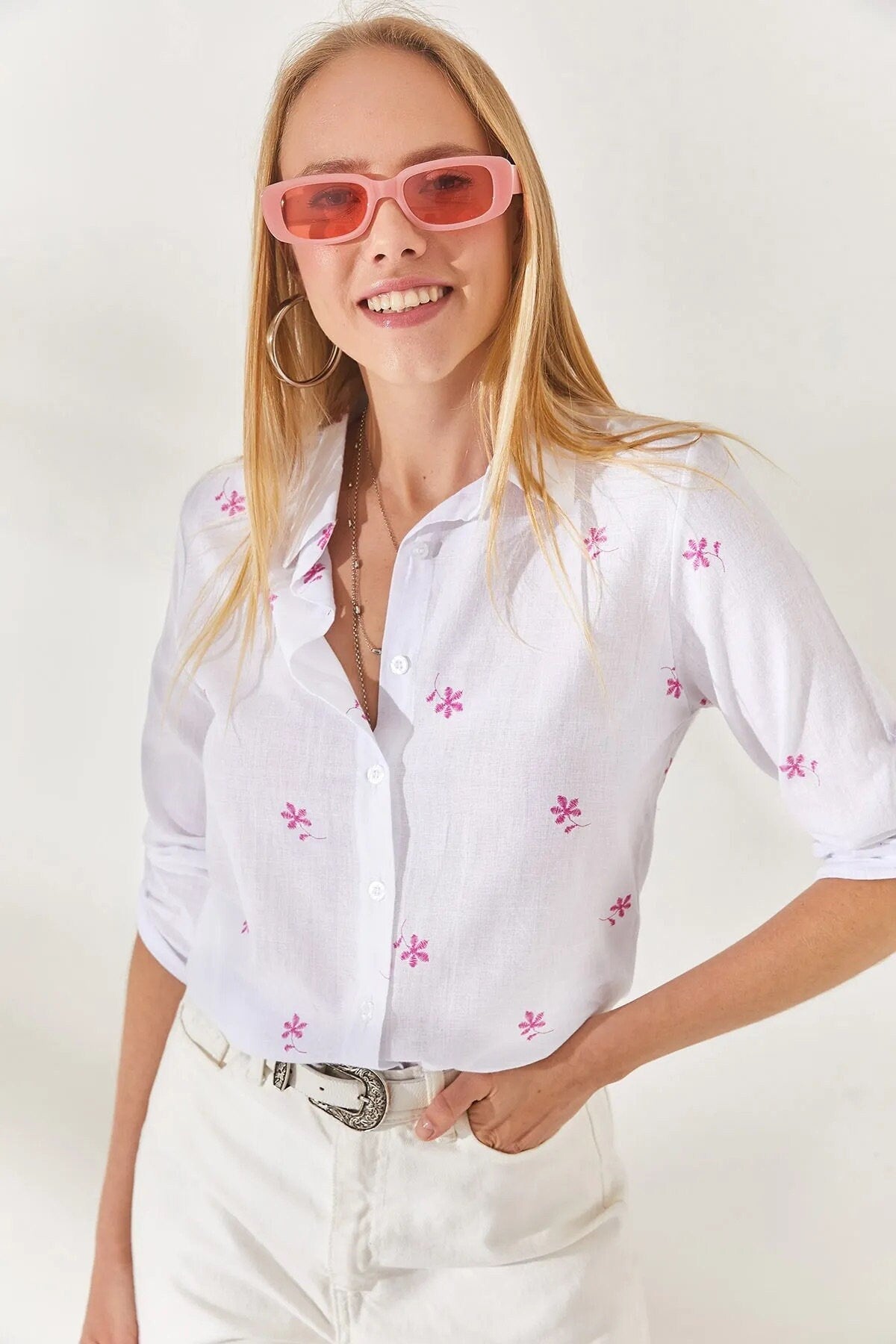 Mini Pink Floral White Linen Blouse