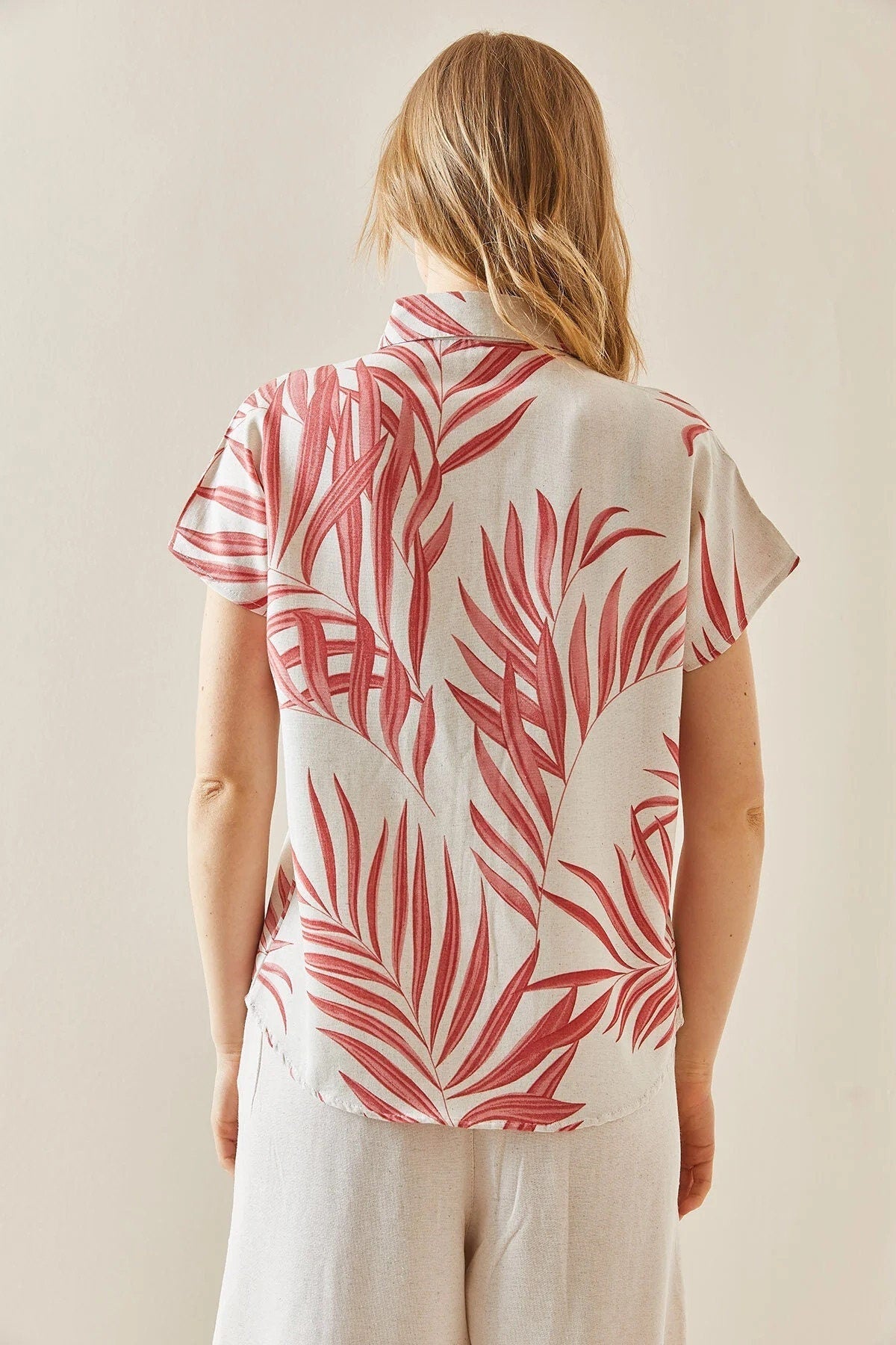 Red Leaves Print Short Sleeve Button Down Shirt