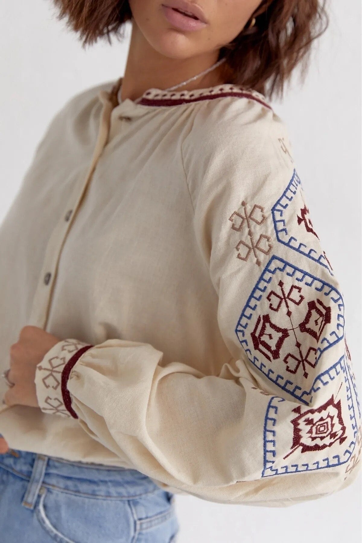 Ethnic Embroidered Cream Cotton Vyshyvanka Blouse