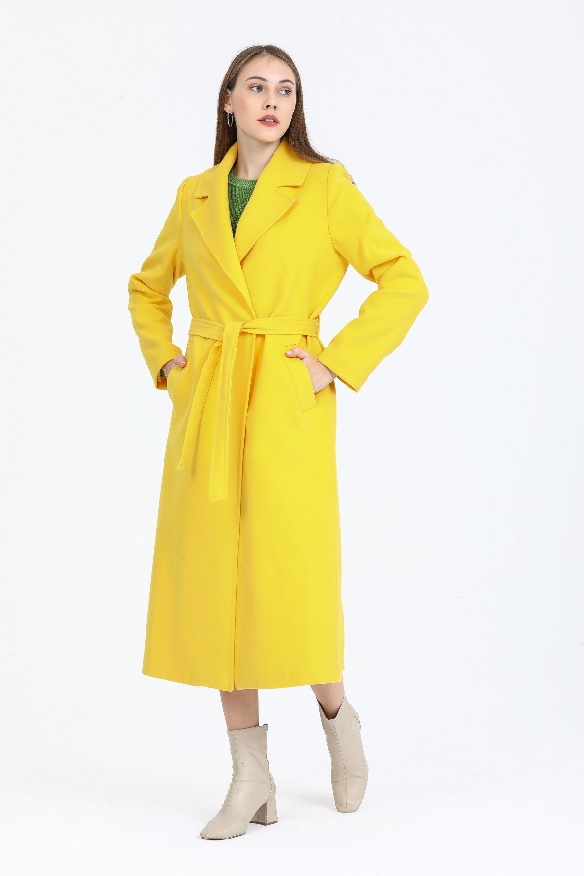 Camel Wool Long Coat with Belt and Pocket