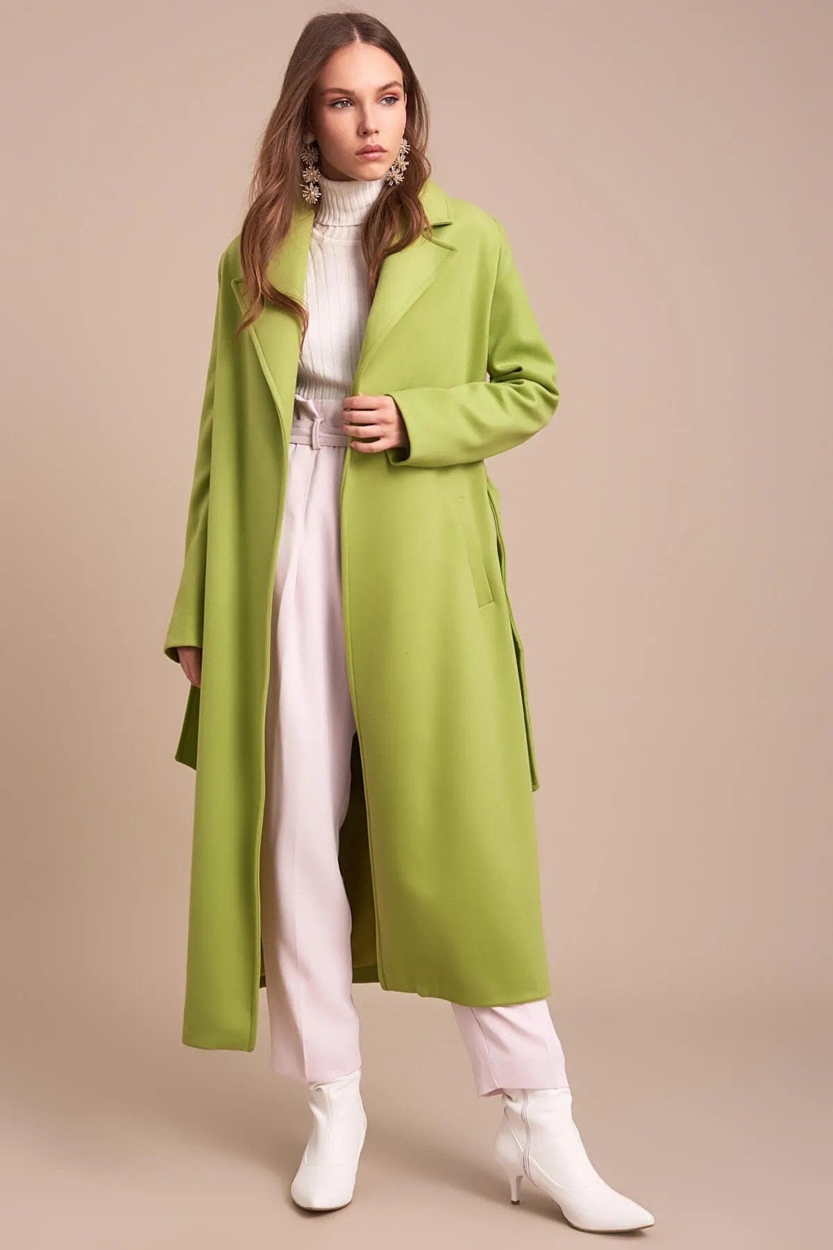 Camel Wool Long Coat with Belt and Pocket
