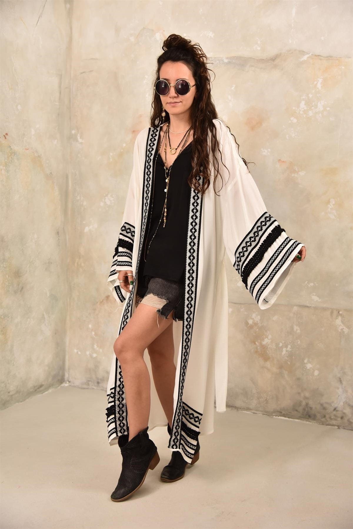 Long White Ethnic Embroidered Kimono