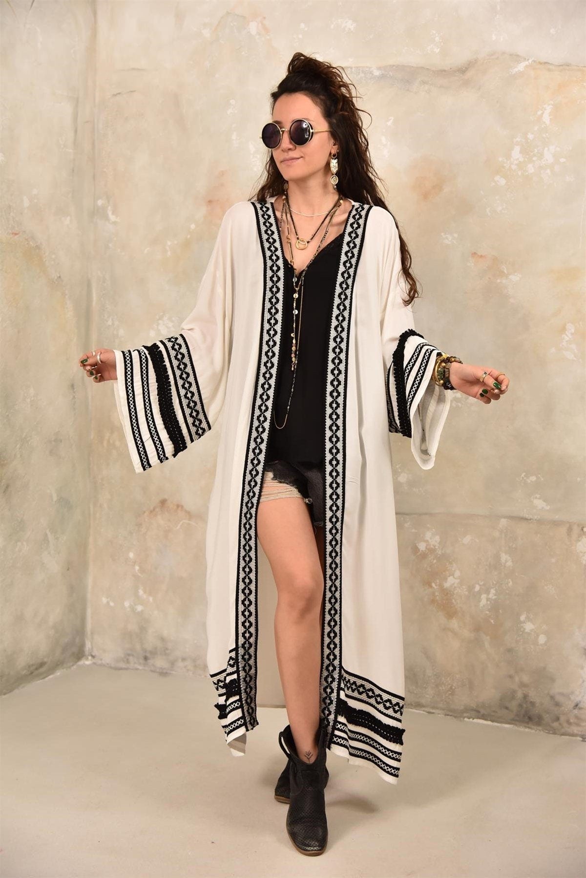 Long White Ethnic Embroidered Kimono