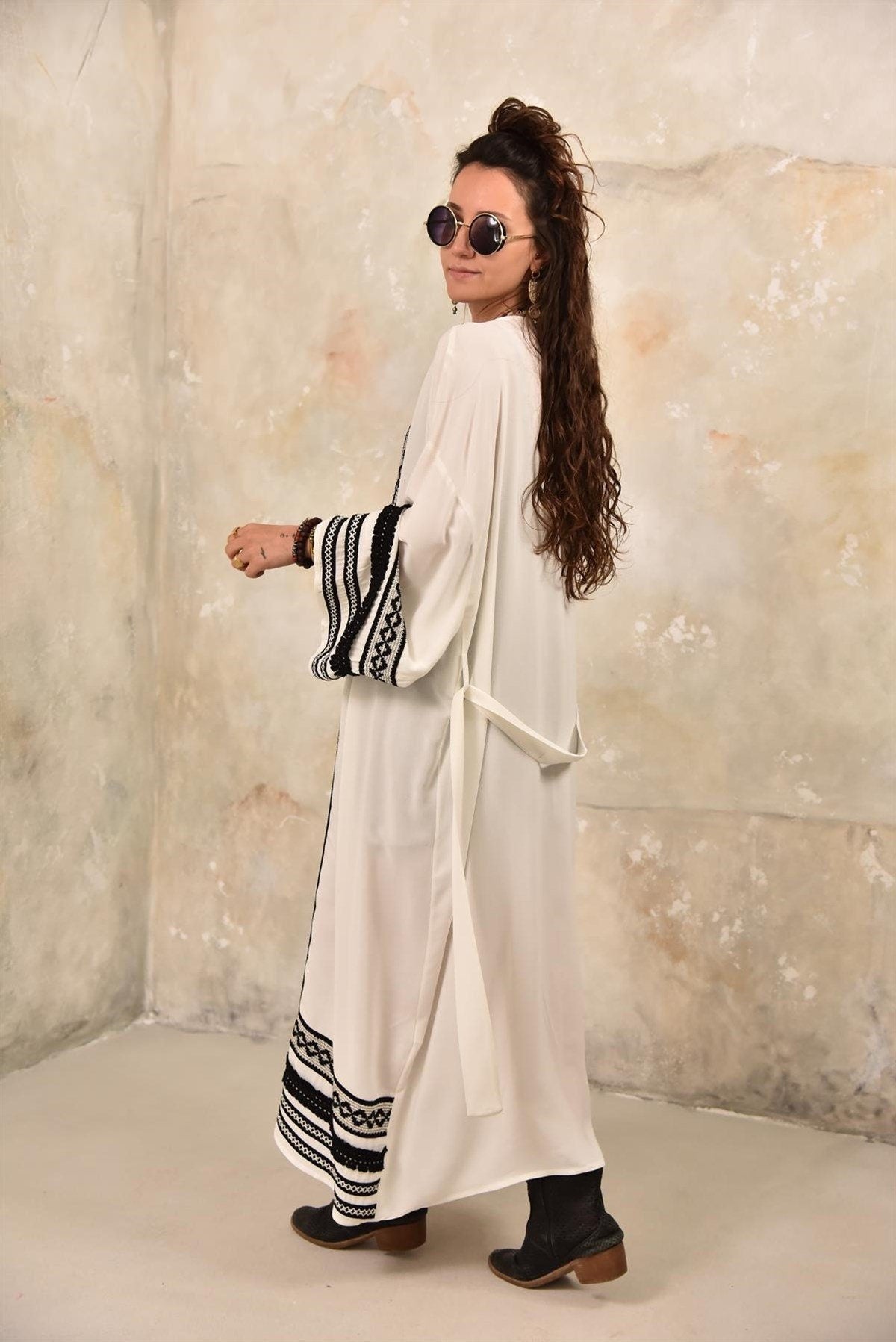Long White Ethnic Embroidered Kimono