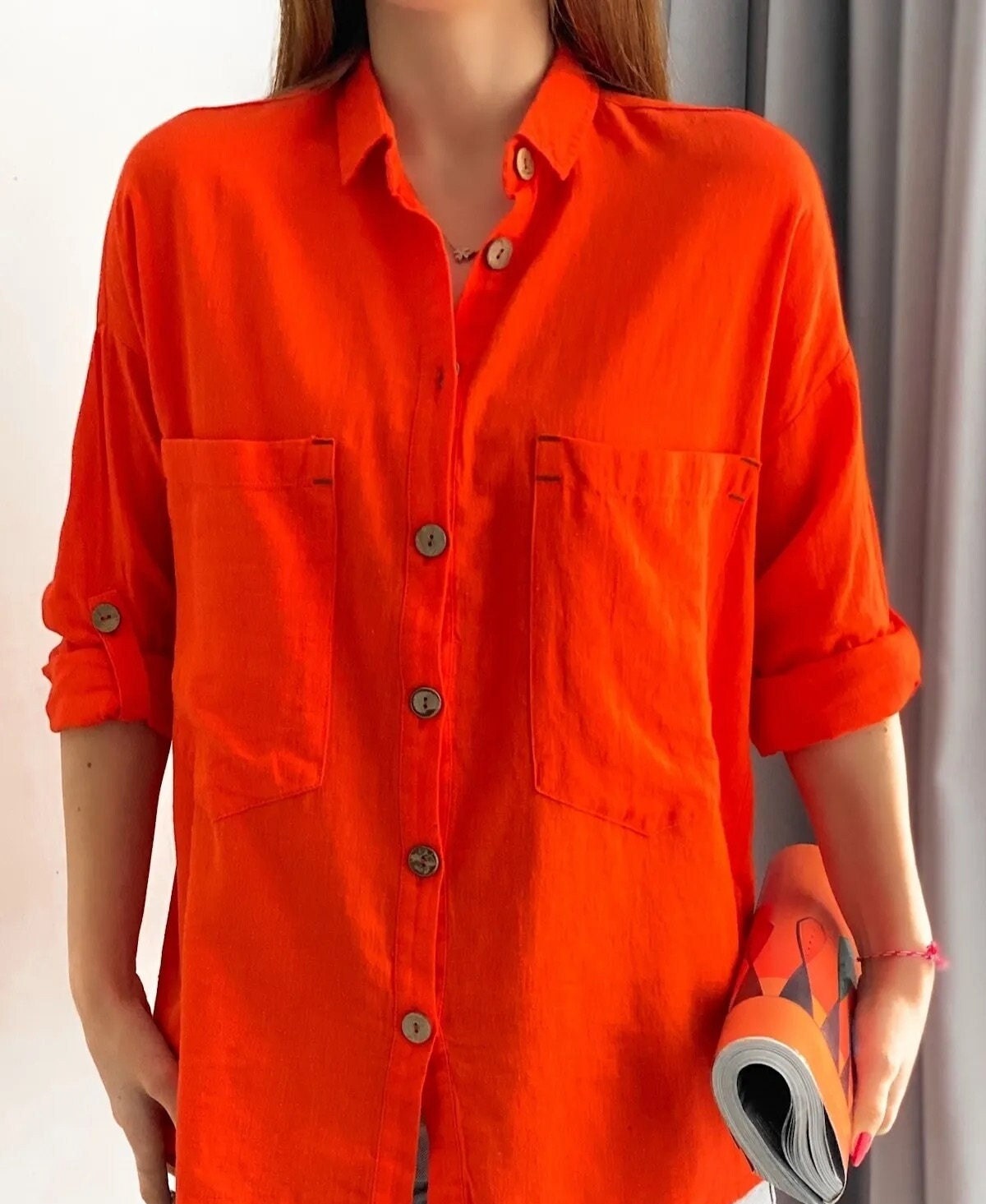 Blouse met lange mouwen van katoen-linnenmix