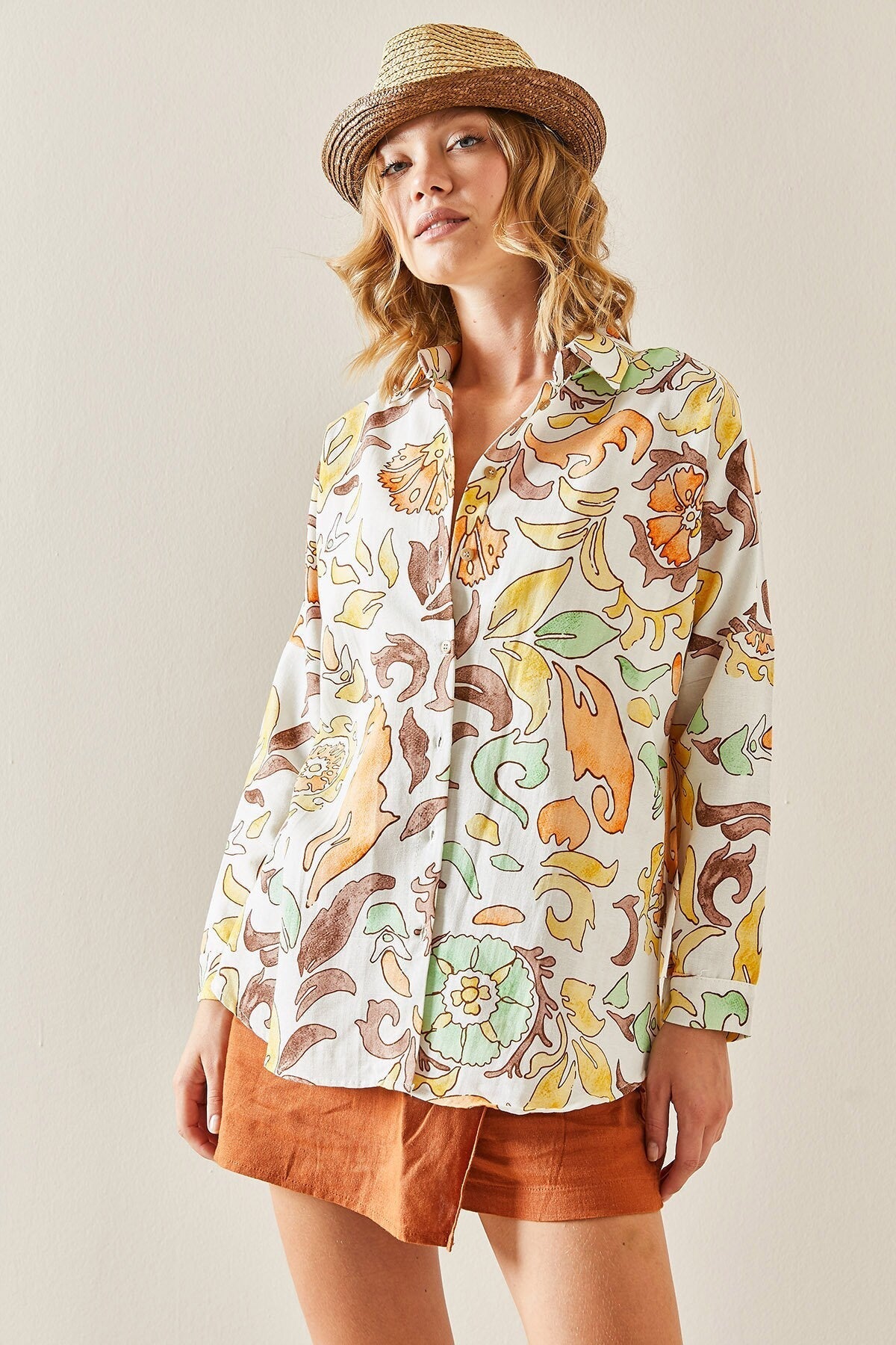 Lola Orange Floral Minimalist Linen Blouse
